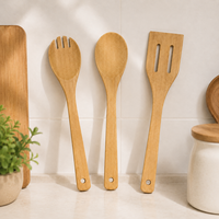 Ensemble d'ustensiles de cuisine en bambou de 3 pièces : Cuillère à pâtes, Spatule ajourée, Cuillère mélangeuse – Outils de cuisson en bois avec trou de suspension – Vente en gros