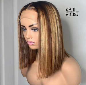 Peluca rubia 613 de alto brillo con cierre frontal de encaje, peluca bob de cabello humano liso natural para <span class=keywords><strong>mujeres</strong></span> negras, pelucas cortas listas para usar - Product Image 1