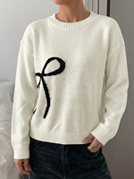 Pull en maille court à col rond pour femme, noir, avec nœud jacquard, manches longues, épaules tombantes, coupe ample, doux, décontracté, pour le quotidien