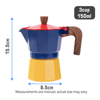 Cafetière Moka en aluminium tricolore pour cuisinière, rouge, bleu, jaune, avec poignée et bouton de couvercle effet bois