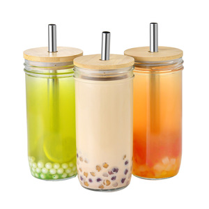 Botella de Vidrio Transparente Reutilizable para Beber, Taza de Café Helado con Pajita, Batido de Boca Ancha, Mason, Boba, Cerveza, Tapa de Bambú, 16oz - Product Image 1