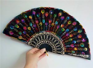 Nuevo Abanico Plegable Estilo Gitano Europeo, Ecológico, de Bambú, con Lentejuelas Multicolores y Diseño de Pavo Real para Fiestas - Product Image 4