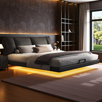 Lit double moderne en cuir italien capitonné avec éclairage LED, cadre de lit flottant pour chambre principale de luxe