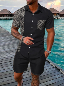 Conjunto de 2 Piezas para Hombre, Camisa de Manga Corta con Estampado Floral/Tropical, Pantalones Cortos con Cintura <span class=keywords><strong>El</strong></span>ástica, Traje para Vacaciones en la Playa o Crucero - Product Image 3