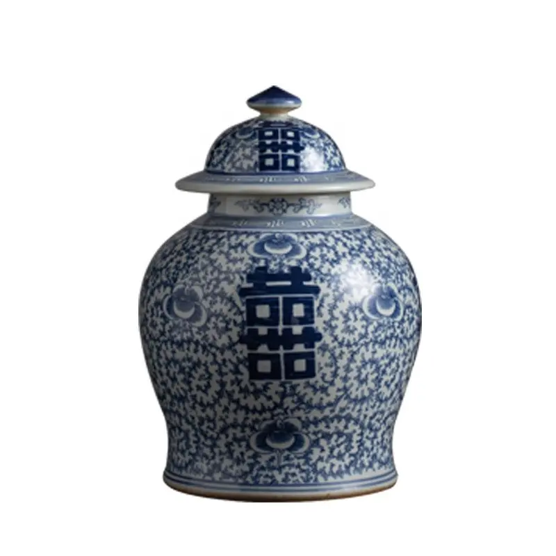 Antiguo jarrón de porcelana azul y blanca de Jingdezhen, adorno de cerámica chino hecho a mano, diseño tradicional redondo esmaltado, uso en la sala de estar