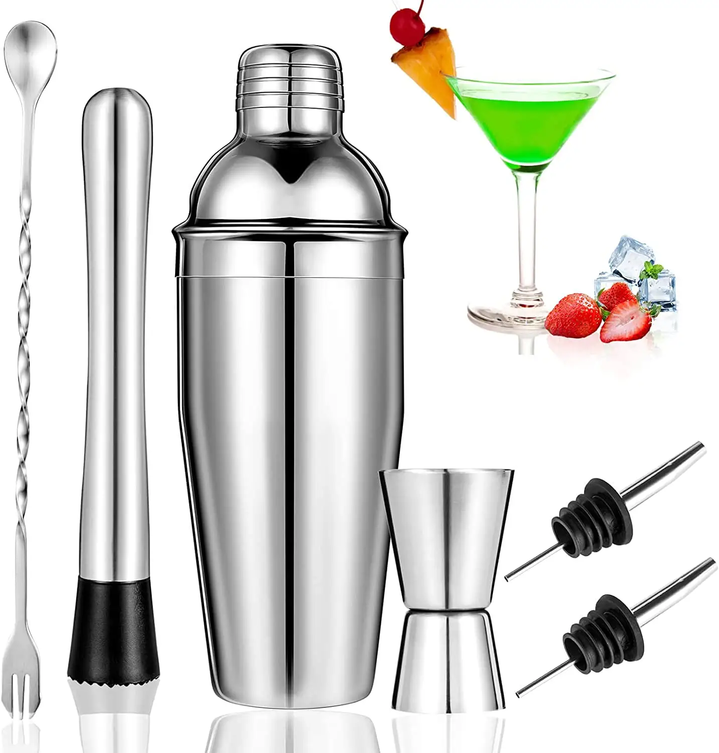 Hot Sell Bar Accessories Tool Martini Shaker Measuring Jigger Mixing Spoon Stainless Steel Bartender Kit Set