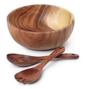 custom14oz round fruit vegetable salad bowl set acacia wood bamboo salad bowl with spoons