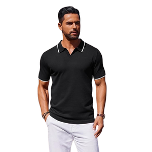 Chemise classique noire anti-rides en tricot 100% coton pour homme - Manches courtes avec imprimé brodé et bordure blanche - Product Image 5