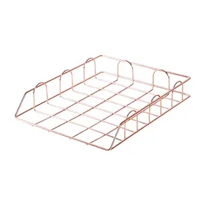 Amazon Hot Selling Office Supply Set of 2 Rose Gold Stackable Metal Wire Desk Document Holder File Letter Tray Organizer