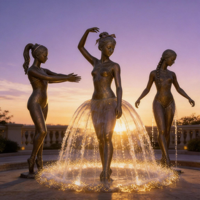 Sculpture de fontaine en bronze représentant une danseuse de ballet avec des thèmes d'anges et de musique dans un contexte de jardin