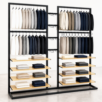 Étagère de présentation de vêtements en métal noir double face à deux niveaux avec étagères en bois et base en U – Vente en gros
