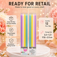 Vente en gros de 12 bougies d'anniversaire métalliques en six couleurs avec supports, lot pour la décoration de gâteaux et les fêtes