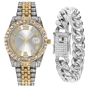 Set di orologi da polso di lusso completo glassato con bracciale cubano Set di gioielli Hip Hop per gli uomini