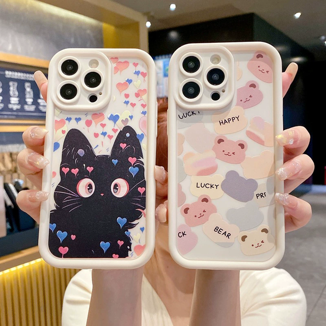 Creative Little Bear and Black cat Phone case for iPhone 15 16 17 Pro Max Couple Cartoon Style Anti-drop protection Cover
