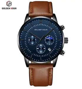 GOLDEN HOUR 126-L unique custom brand man quartz watch low cost Genuine Leather Strap 3 dials Chronograph Casual watch supplier