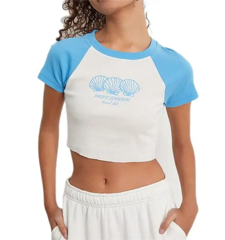 Benutzer definierte Summer Beach Club Raglan Baby T-Shirts Crop Top Klassische Frauen Weiß Kurzarm Baby T-Shirt