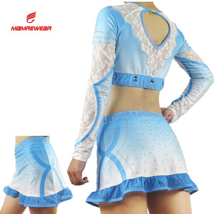 Ensemble de cheerleading bleu élégant pour filles avec manches en maille de dentelle et accents de cristal Ensembles de performance personnalisés à sublimation - Product Image 4