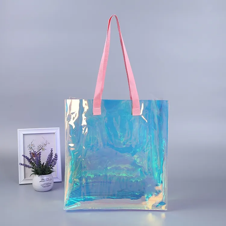 Лазерная пляжная блестящая голографическая сумка из ПВХ, белая Переливающаяся сумка-тоут для покупок, голографическая Переливающаяся сумка-тоут из ПВХ