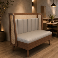 Ensemble de banquettes et tables en ivoire pâle, banquette en rotin teck, table de cantine pour café de quartier commercial et bistro de jardin