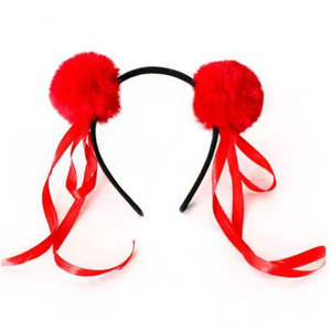 Serre-tête Nezha noir et rouge avec pompon, coiffe de fête pour enfant, en tissu, fabriqué à la main, collection Printemps 2025, origine Yiwu - Product Image 4