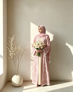 Ensemble élégant de mode musulmane pour femmes, abaya ouverte imprimée paisley avec poches et hijab assorti (modèle en polyester léger) - Product Image 3