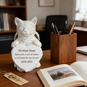 Estatua Conmemorativa de Gato de Resina Personalizable - Nombre/Fecha/Mensaje Grabable, Placa de Corazón y Detalle de Alas, Ideal para Marcador de Tumba de Mascotas - Product Image 3