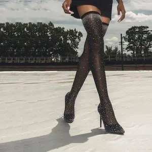 Новейший дизайн, модные сексуальные сапоги выше колена со стразами, высокий каблук, сапоги для женщин