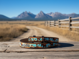 Western Cowboy Print Belt 4.2cm 120cm Dark Brown Polyester Fabric Belt With Heat Transfer Design - Product Image 2