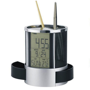 Stainless Steel Mesh Electronic Pen Holder <b>Clock</b> With <b>Digital</b> Calendar And Temperature Display For Office <b>Desk</b> Use - Product Image 2