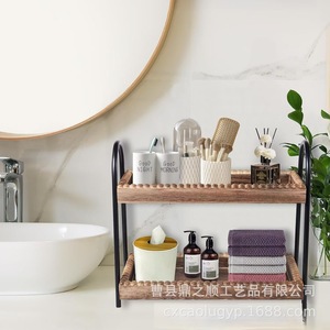 Double Layer Desktop <b>Shelving</b> <b>Unit</b> Iron Wood <b>Storage</b> Rack For Bathroom Toiletries Personal Care Products Standing Type Rectangle - Product Image 4