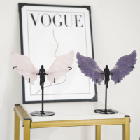 Ailes d'ange en quartz rose naturel et agate mousse sculptées avec support, pierre de guérison décorative, ailes de fée - Vente en gros