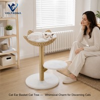 Arbre à chat avec panier en osier oreilles de chat, base en peluche, tronc en bois et perchoir, mobilier d'escalade d'intérieur, vente en gros