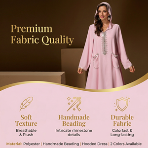 Abaya à capuche ornée de strass pour femmes avec poches, longueur intégrale, marque privée - Product Image 3