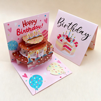 Conception personnalisée imprimée manuscrite papier rose doux joyeux anniversaire gâteau carte de voeux pop-up 3D avec enveloppes