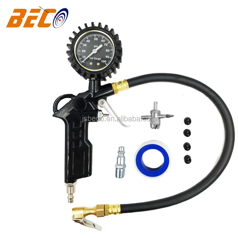 Black Dial Tire Inflator Pressure Gauge With Rubber Hose And Lock-On Air Chuck