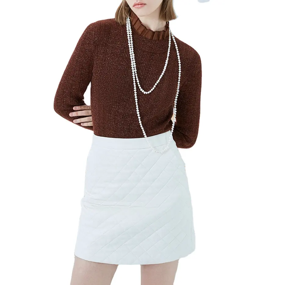 Slim trim women's brown sweater with fine flash knitted lace collar