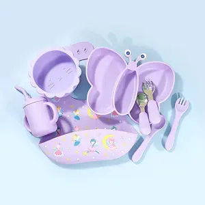 Baby Feeding Set Kids Silicone Tableware Silicone Custom Logo BPA Free Bowl Spoon And Bib Set Butterfly Plate Suction