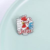 Broche de revers en alliage de zinc, thème religieux Jésus et coq rouge, imprimée UV, placage nickel noir, vente en gros