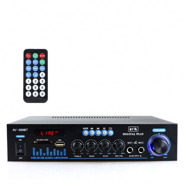 Audio Stereo Amplifier AV-568BT 2.0 Channel 50W X 2 Amp Receiver With LED Display Remote for Karaoke Home Theater