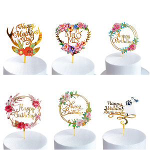 Magnifique Décoration de Gâteau en Acrylique Imprimé Couleurs Florales <span class=keywords><strong>Joyeux</strong></span> <span class=keywords><strong>Anniversaire</strong></span> Mariage pour Cupcakes et Desserts DIY - Product Image 1