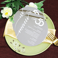 Élégante carte de menu ronde en acrylique miroir argenté, personnalisable avec texte estampé à chaud blanc pour anniversaire, mariage, banquet