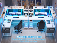 Bureau d'ordinateur réversible en forme de L pour bureau à domicile avec prise de courant Lumière LED Hutch Monitor Stand Étagères de rangement-pour l'écriture de jeu