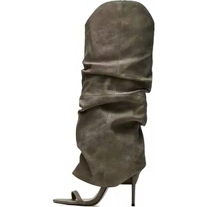 Botas altas de verano con punta abierta para mujer, sandalias con parte superior plisada, zapatos de tacón alto, botines largos con corte en V y una sola tira - Product Image 4