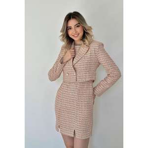 Elegante Conjunto de Traje de Tweed para Mujer, Chaqueta y Vestido de Mezcla de Lana y Poliéster Naranja con Cinturón, Talla M, Anti-Pilling - Product Image 3