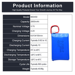 Produsen OEM/ODM Kustom 683450 2600mAh 3.7v 2P Baterai Lithium Polymer Isi Ulang untuk Pelacak GPS/Perangkat yang Dapat Dipakai - Product Image 3