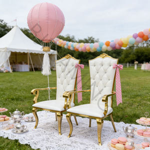 Chaises de banquet Bjflamingo, chaise de roi et de reine, chaise de mariage dorée bon marché, best-seller, accoudoirs en acier inoxydable doré, dossier souple - Product Image 6