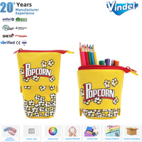 Trousse à crayons design Popcorn mignon en toile premium grande capacité avec fermeture éclair, pochette à crayons verticale pour cadeaux promotionnels