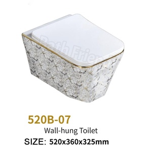 Ensemble de salle de bain en céramique imprimée effet marbre avec décor bord doré, <span class=keywords><strong>WC</strong></span> <span class=keywords><strong>suspendu</strong></span>, lavabo sur colonne intégré - Product Image 2
