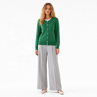 Damen Strickjacke mit Knopfleiste, Rundhalsausschnitt, Langen Ärmeln und Geripptem Saum in Einfarbigem Grün