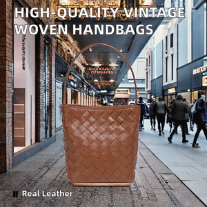 Bolsos de señora tejidos de alta calidad vintage personalizados al por mayor, bolsos tejidos de gran capacidad para mujer, bolsos tipo cubo de piel auténtica - Product Image 3